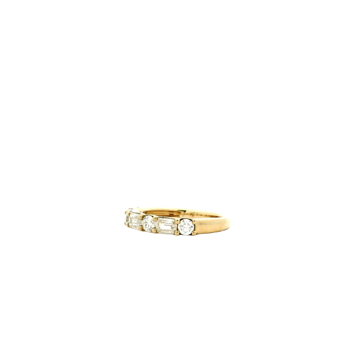 14k Yellow Gold 0.80ct Emerald Cut and 0.50ctw Round Brilliant Diamond Halfway Band Ring — macro detail of the stones