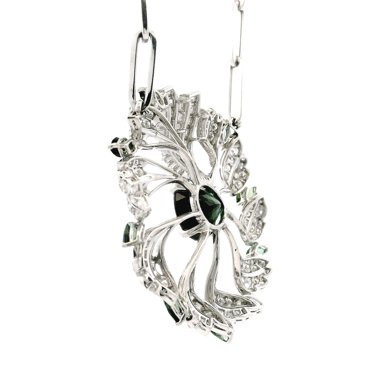 18k White Gold Tourmaline & 4.5ctw Diamond Floral Cluster Statement Paper Clip Necklace… — macro detail of the centerpiece
