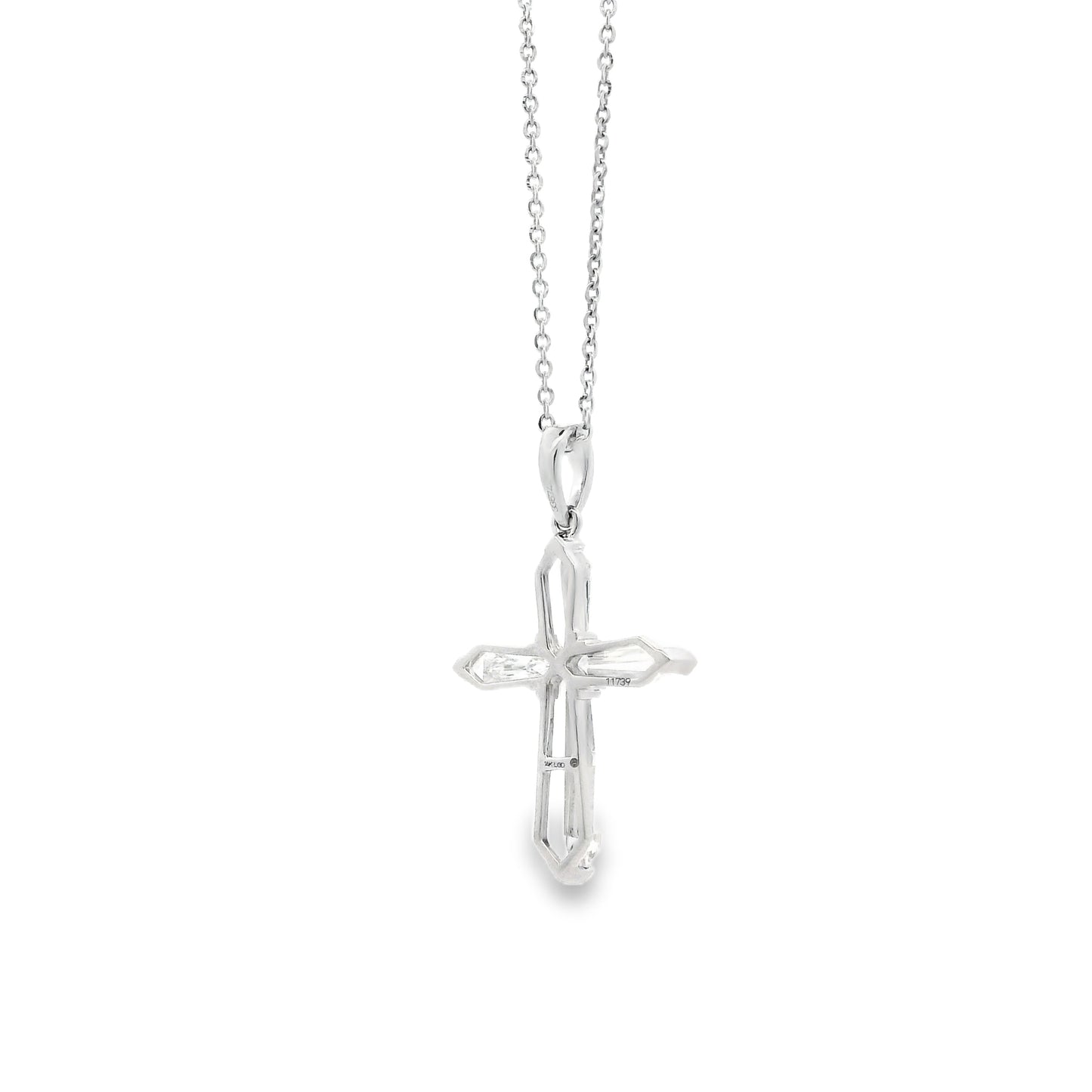 14k White Gold Lab-Grown Diamond Marquise Cross Pendant Necklace 17" — macro detail of the centerpiece