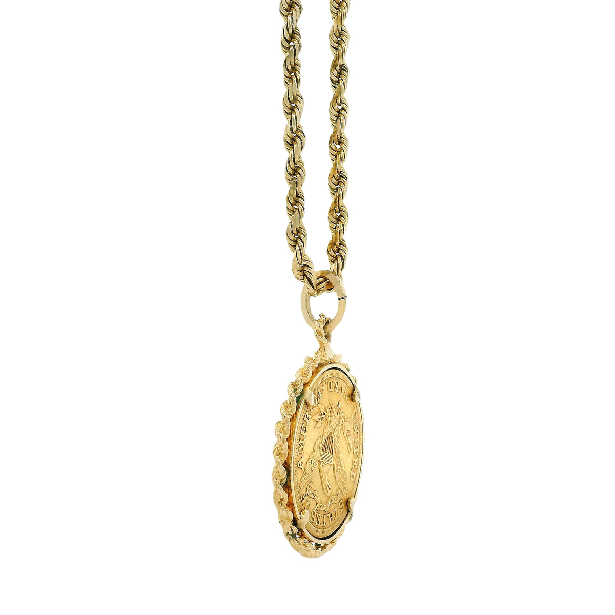 14k Yellow Gold Rope Chain Necklace with 1901 Liberty Head $5 Gold Coin Pendant 24" — macro detail of the centerpiece