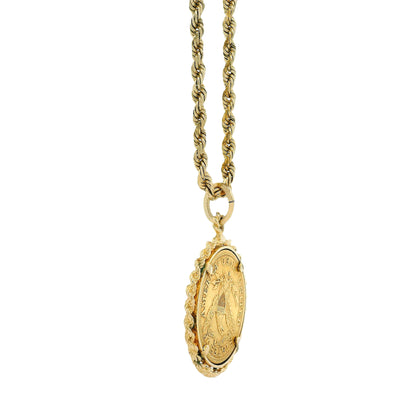 14k Yellow Gold Rope Chain Necklace with 1901 Liberty Head $5 Gold Coin Pendant 24" — macro detail of the centerpiece