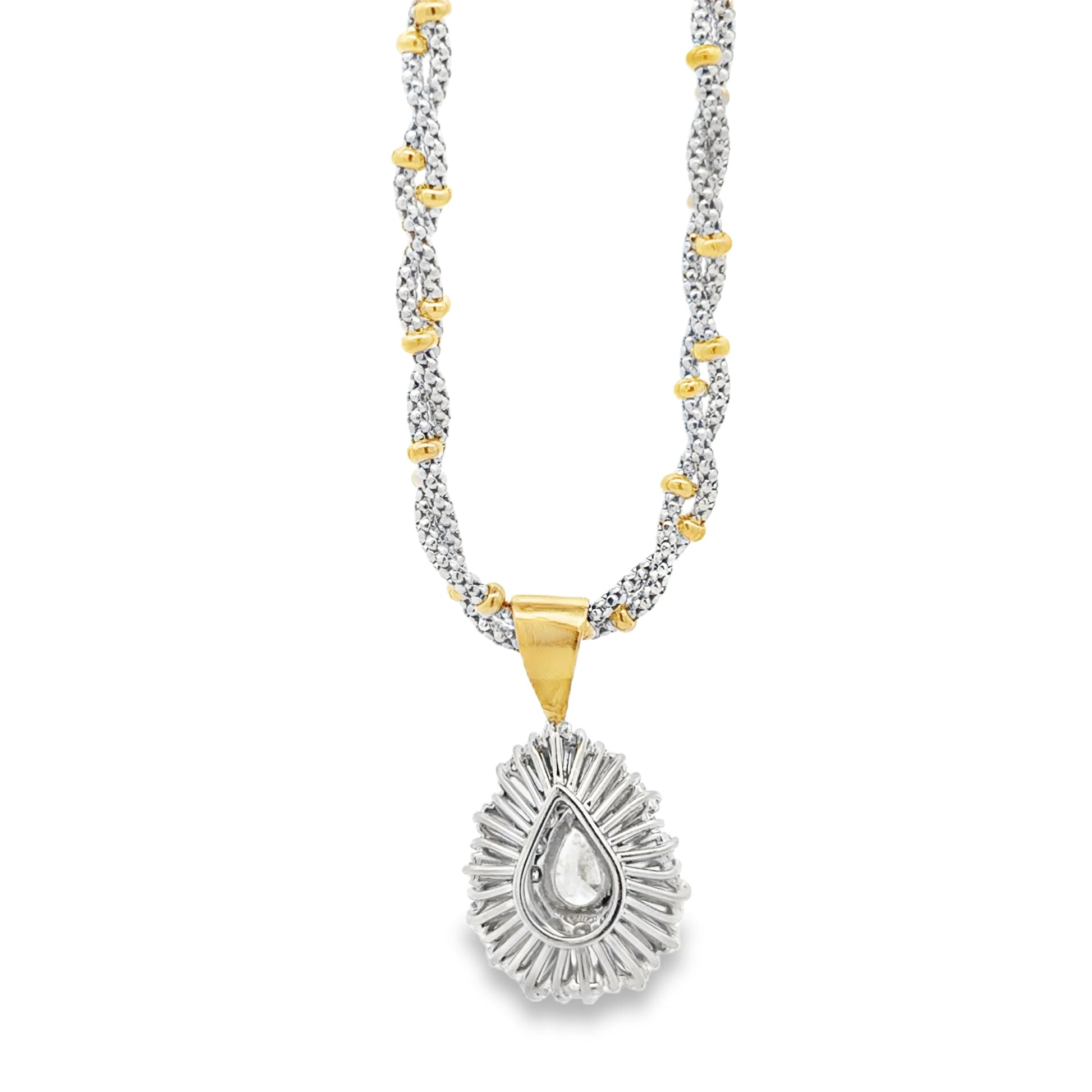 14k Two-Tone Gold 3.00ctw Pear, Round & Baguette Diamond Pendant Necklace — macro detail of the centerpiece