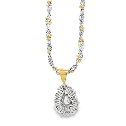 14k Two-Tone Gold 3.00ctw Pear, Round & Baguette Diamond Pendant Necklace — macro detail of the centerpiece