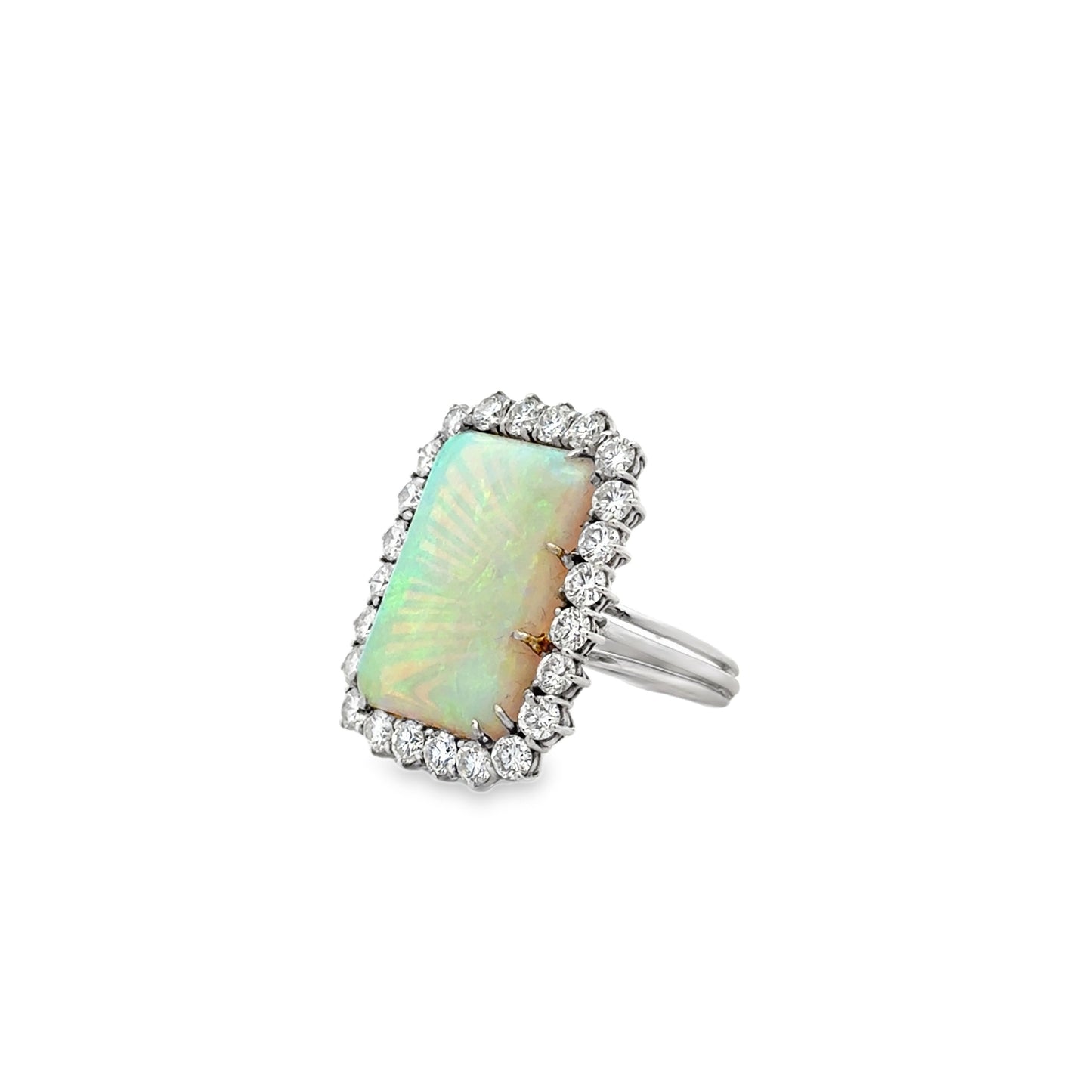 18k White Gold Natural Opal and 2.40ctw Diamond Halo Cocktail Ring — macro detail of the stones