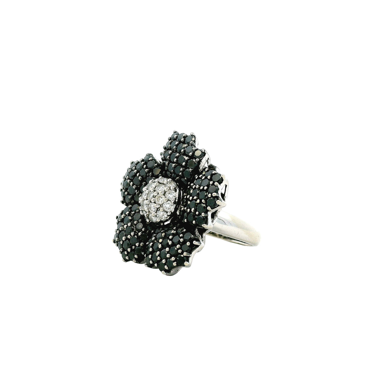 14k White Gold 1.75ctw Round Brilliant White and Black Diamond Floral Cluster Ring — macro detail of the stones
