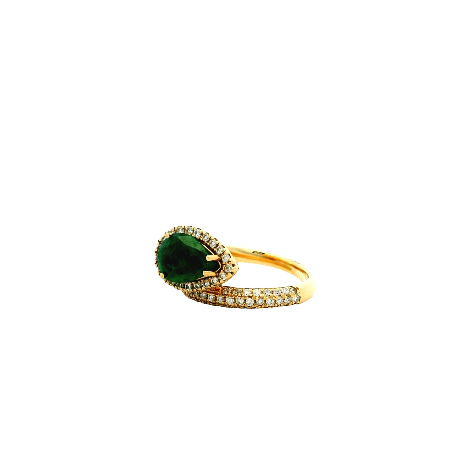 14k Yellow Gold 1.23ct Pear Cut Natural Emerald and 1.15ctw Diamond Halo Pavé Crossover Ring — macro detail of the stones