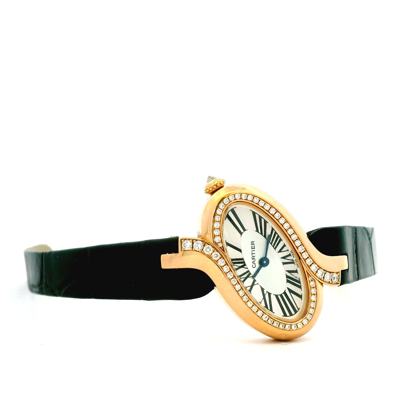 Cartier Délices 18k Rose Gold 30mm Diamond Bezel Watch — macro detail of the dial