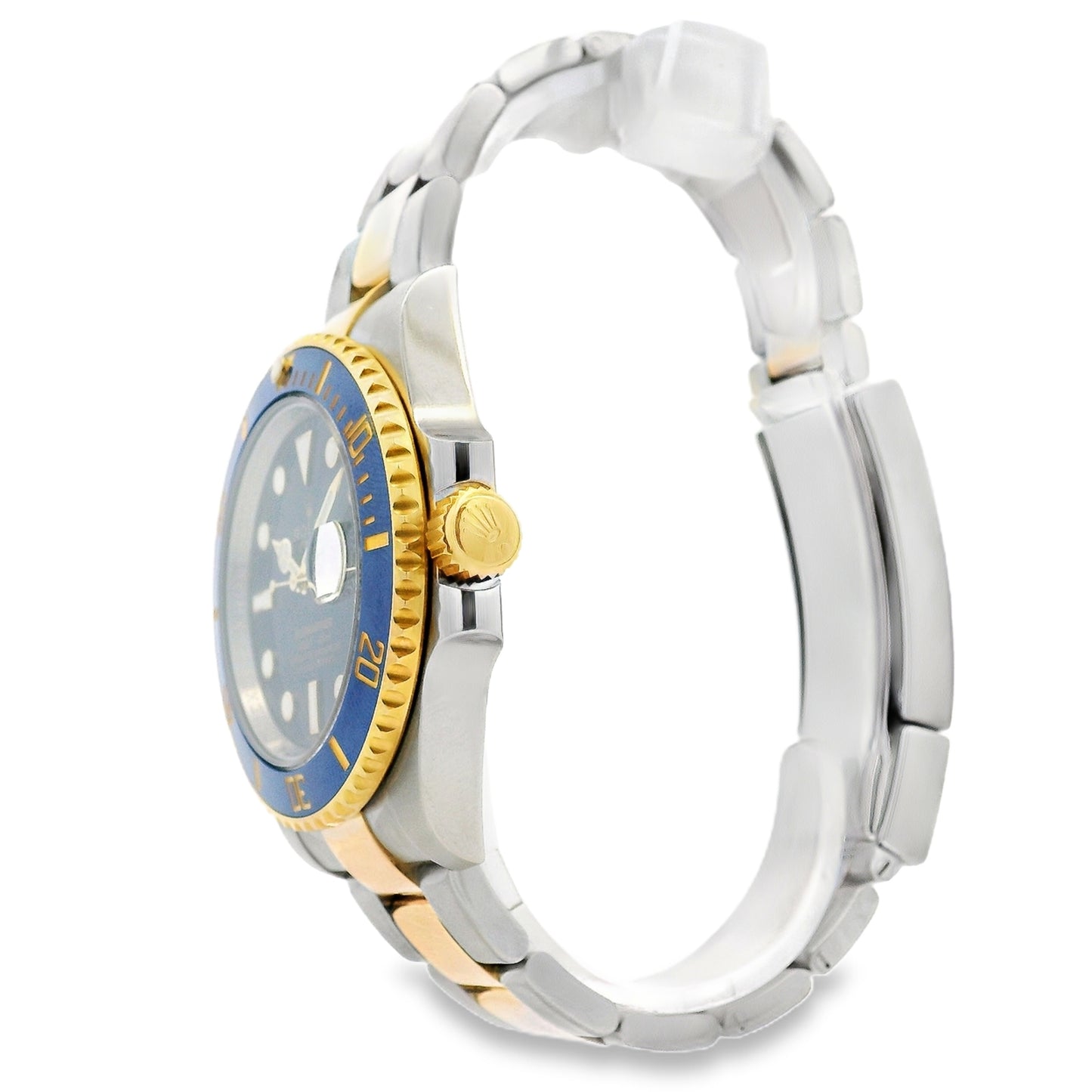 Rolex 116613LB Submariner 40mm Blue Dial Two-Tone Oyster Bracelet Watch — macro detail of the dial