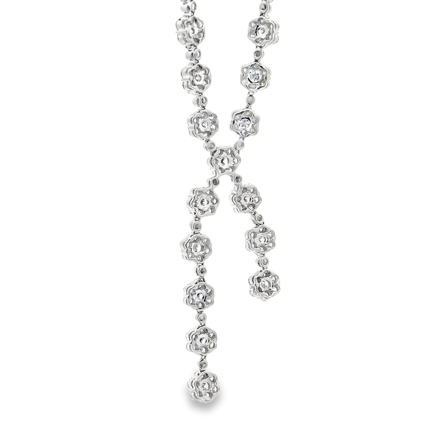 18k White Gold 20.00ctw Natural Round Brilliant Diamond Cluster Drop Necklace 17" — macro detail of the centerpiece