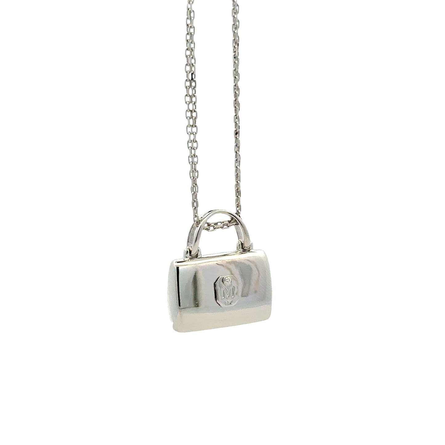 18k White Gold 2.00ctw Multi-Color Sapphire Pavé Purse Pendant Necklace — macro detail of the centerpiece
