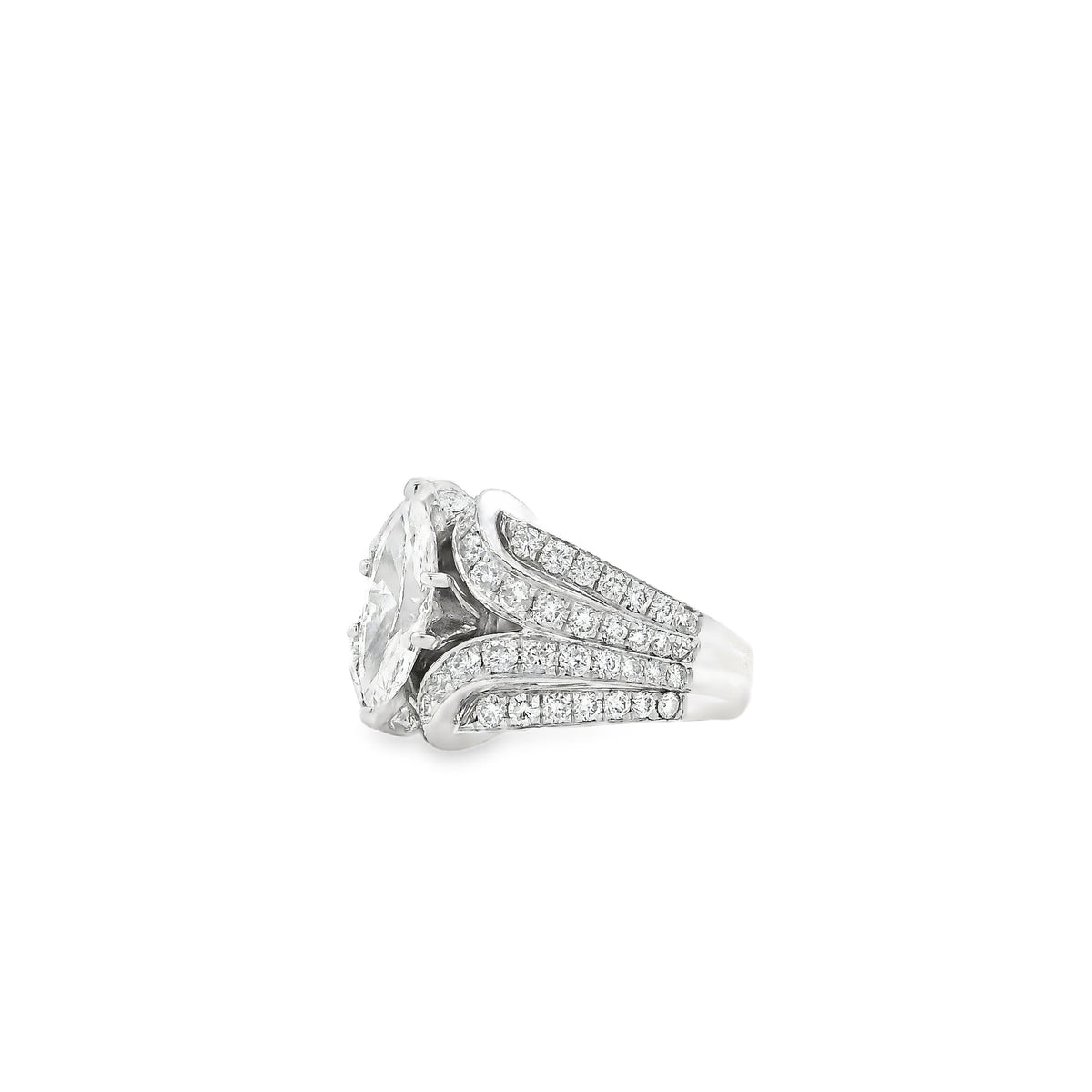 14k White Gold 0.90ct Marquise Diamond and 2.0ctw Round Brilliant Diamond Ring — macro detail of the stones