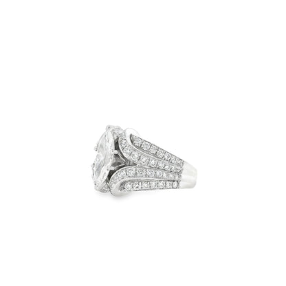 14k White Gold 0.90ct Marquise Diamond and 2.0ctw Round Brilliant Diamond Ring — macro detail of the stones