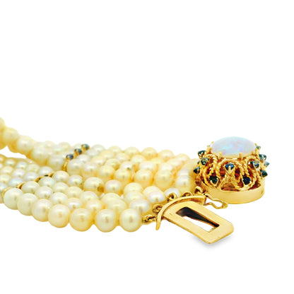 14k Yellow Gold 4-Strand Natural Pearl Bracelet with Opal and Natural Sapphire Cluster… — macro detail of the stones