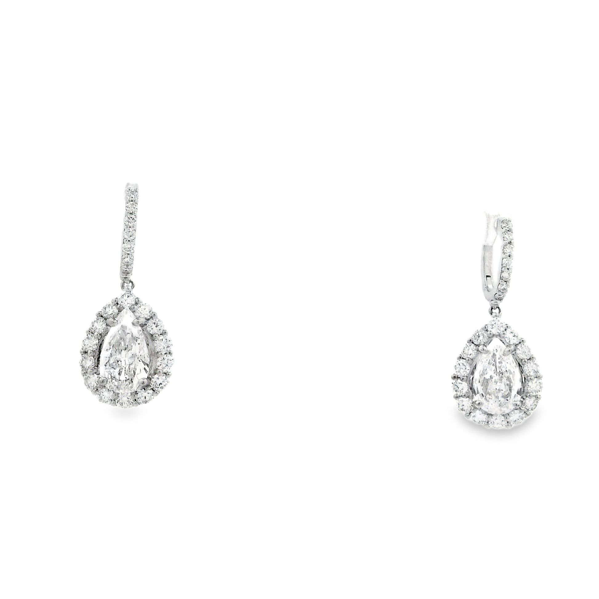18k White Gold 5.95ctw Pear Cut Diamond Halo Dangle Earrings — macro detail of the stone