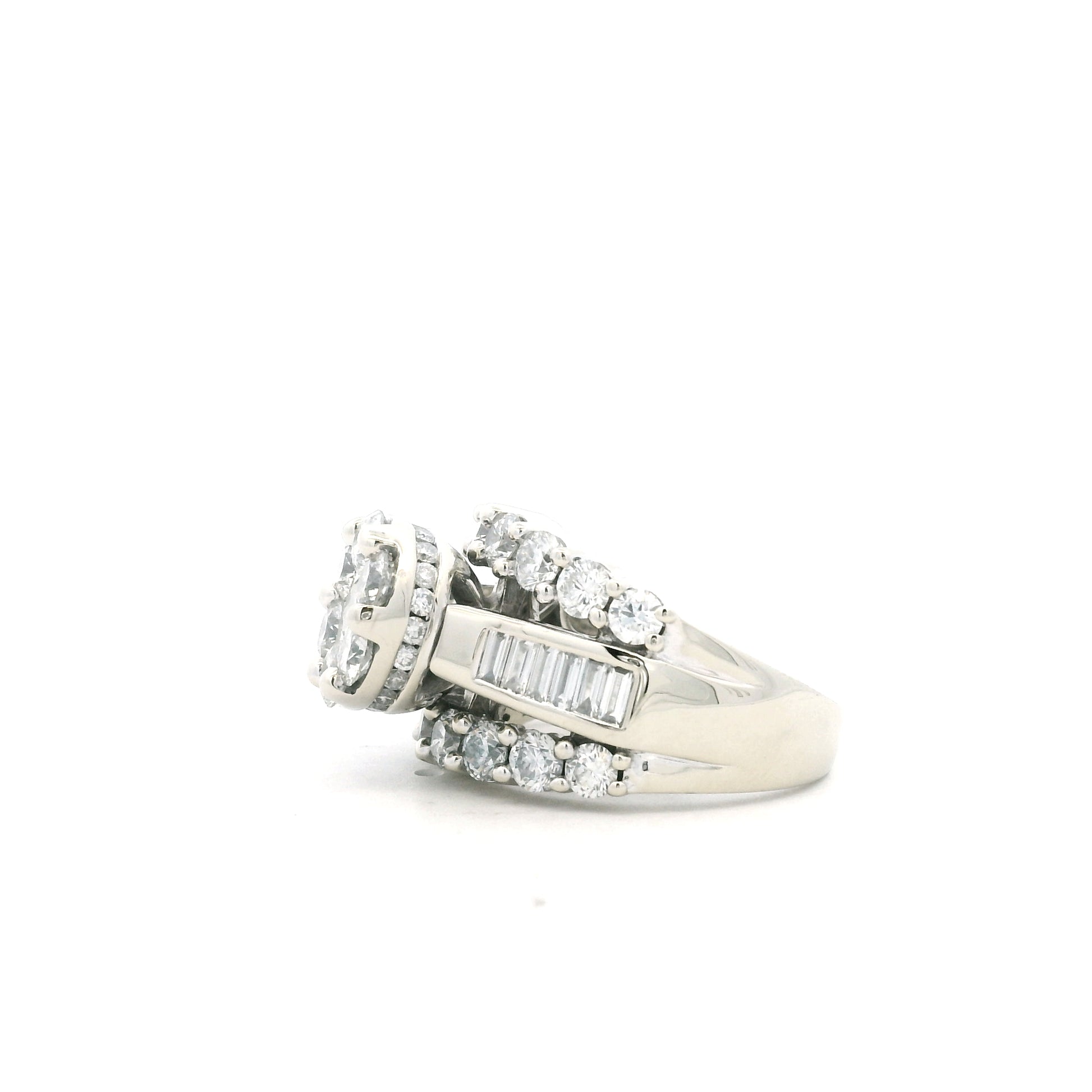 14k White Gold 2.0ctw Round and Baguette Diamond Engagement Ring Set — macro detail of the stones