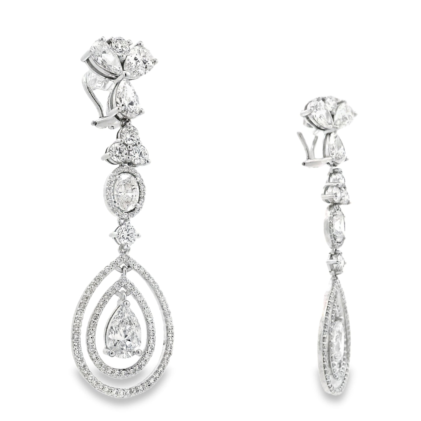 18k White Gold 12.68ctw Pear Oval and Round Brilliant Diamond Drop Earrings — macro detail of the stones