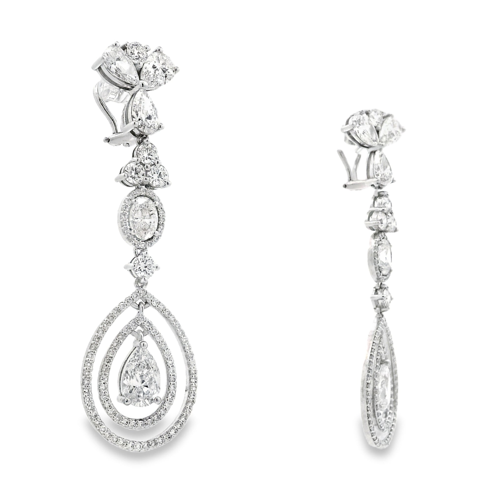 18k White Gold 12.68ctw Pear Oval and Round Brilliant Diamond Drop Earrings — macro detail of the stones