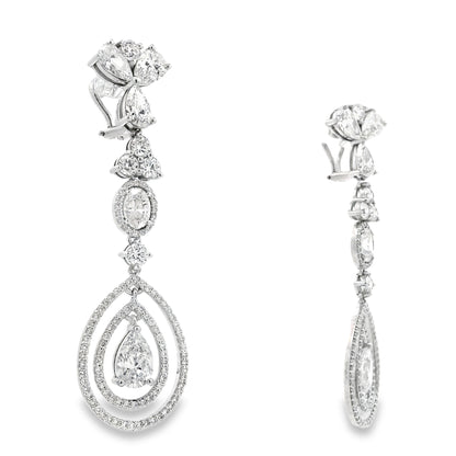 18k White Gold 12.68ctw Pear Oval and Round Brilliant Diamond Drop Earrings — macro detail of the stones