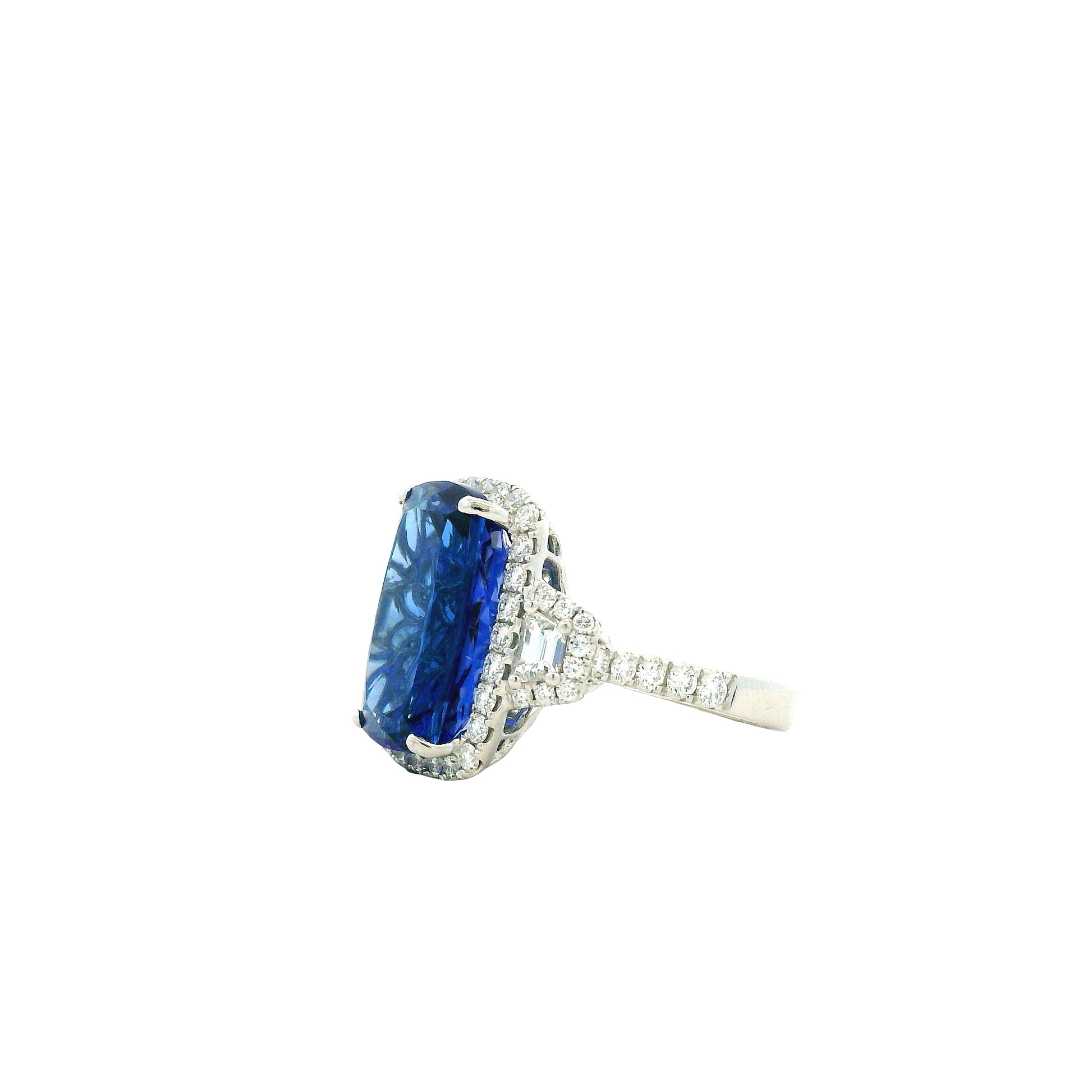 Platinum 9.35ct Cushion Cut Tanzanite and Diamond Halo Cocktail Ring — macro detail