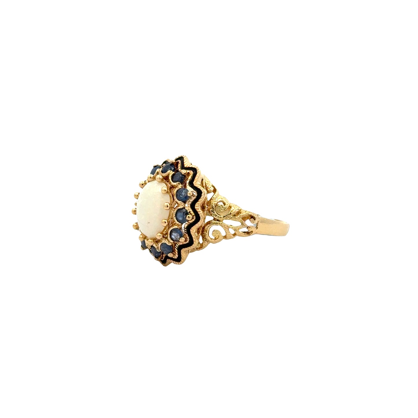 Vintage 18k Yellow Gold Opal and Blue Sapphire Halo Cocktail Ring — macro detail of the stones