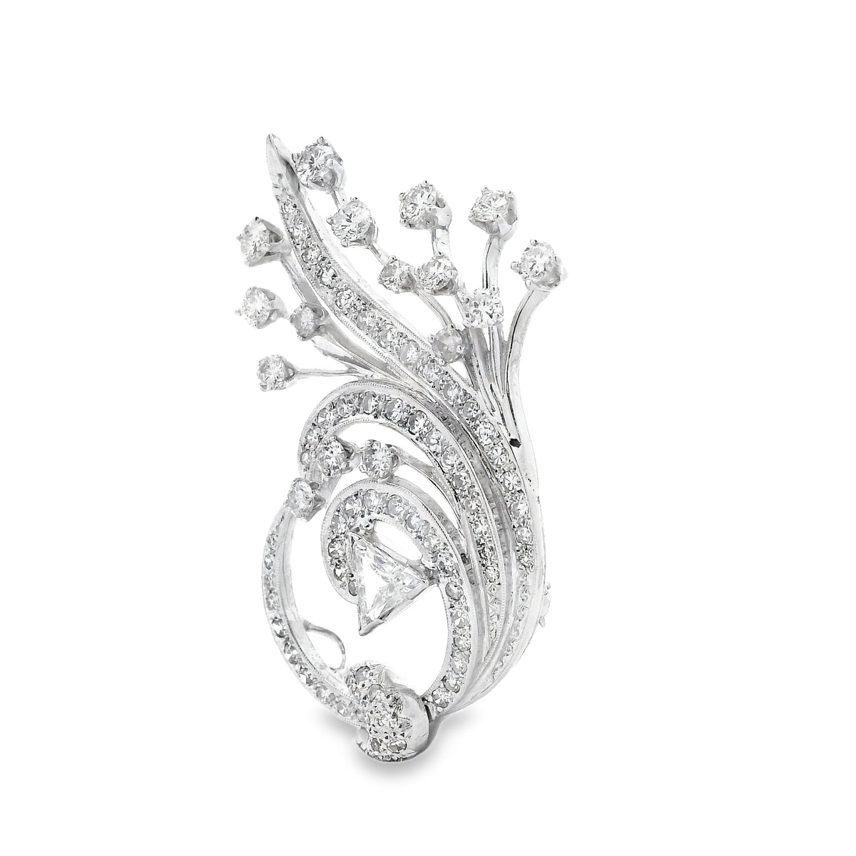 14k White Gold 4.5ctw Round Brilliant and Pear Diamond Pavé Brooch — macro detail of the stones