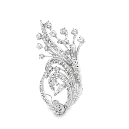 14k White Gold 4.5ctw Round Brilliant and Pear Diamond Pavé Brooch — macro detail of the stones