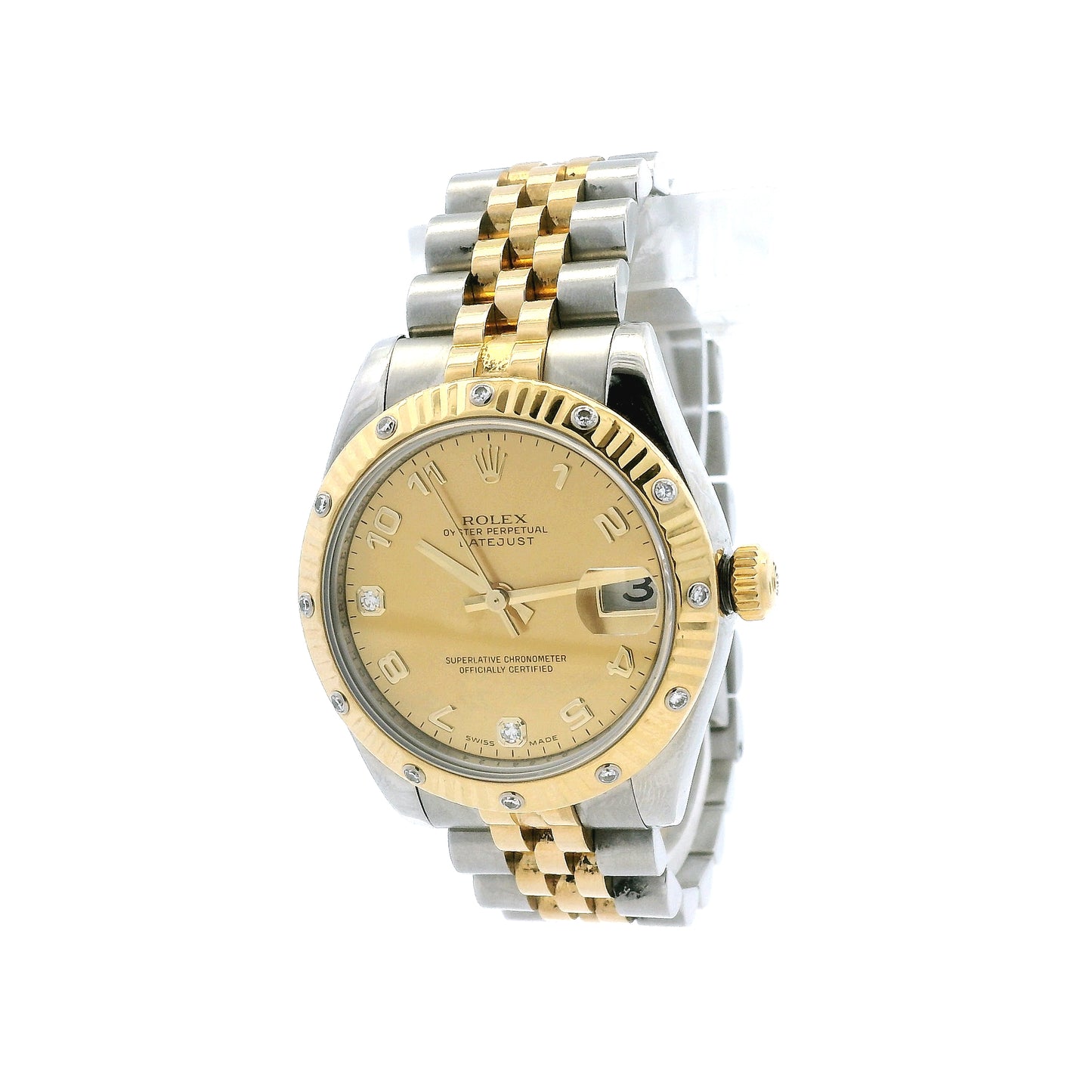 Rolex 178313 Datejust 31mm Champagne MOP Diamond Dial Diamond Bezel Two-Tone Watch — macro detail of the dial