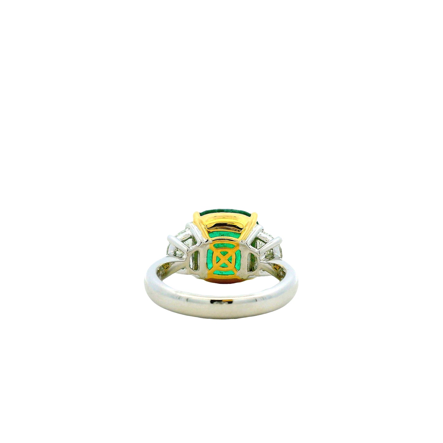 Platinum & 18k Yellow Gold 5.90ct Cushion Cut Vivid Green Emerald and Diamond Three-Stone Ring — macro detail of the stones