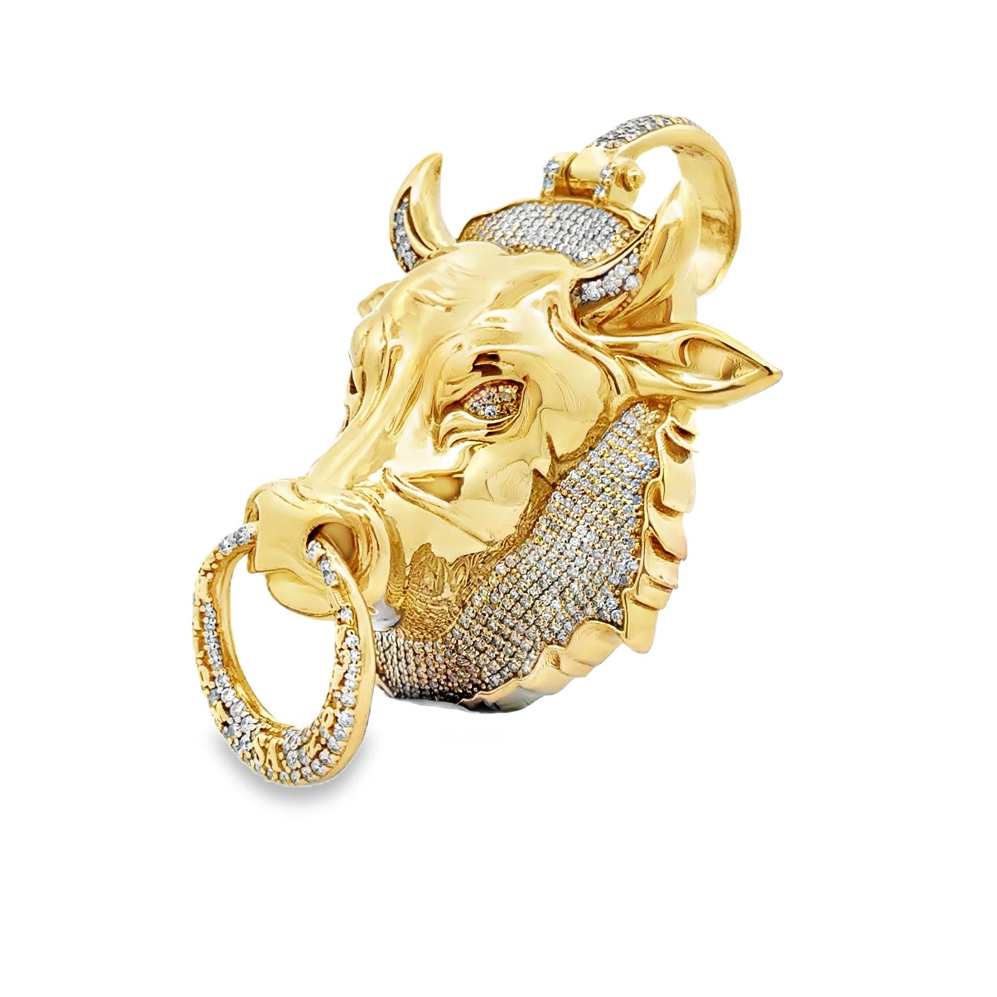 10k Yellow & White Gold Two-Tone Bull Head Pendant with 4ctw Pavé Diamonds — macro detail of the dial