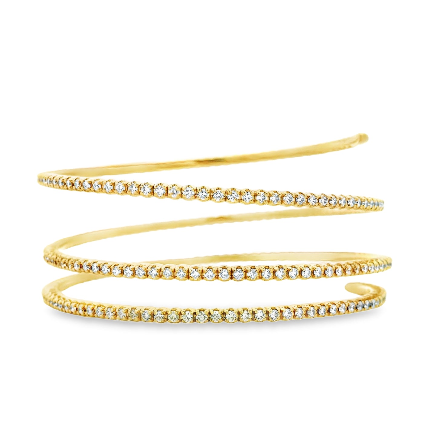 14k Yellow Gold 5.42ctw Natural Round Brilliant Diamond Triple Coil Bangle Bracelet — macro detail of the clasp