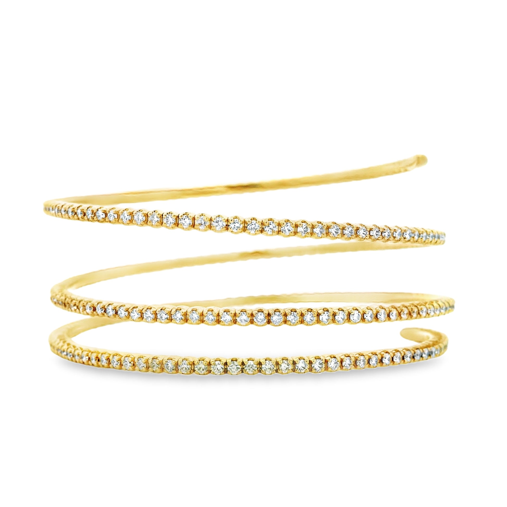 14k Yellow Gold 5.42ctw Natural Round Brilliant Diamond Triple Coil Bangle Bracelet — macro detail of the clasp
