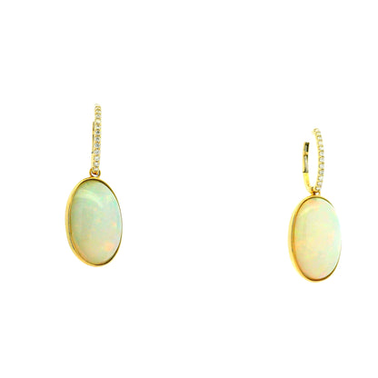 14k Yellow Gold 16.61ct Opal and 0.25ctw Diamond Earrings — macro detail of the stone