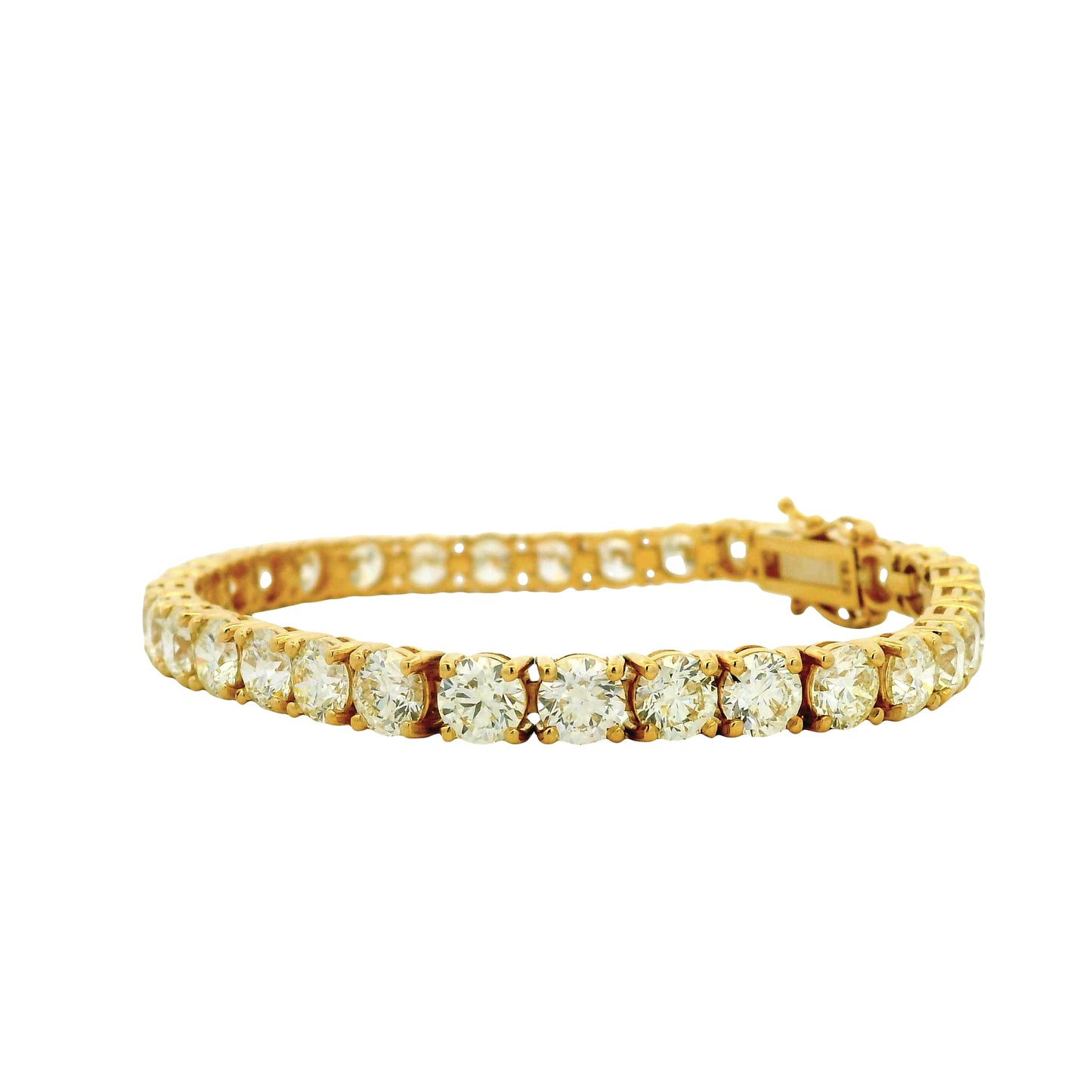 18k Yellow Gold 16.72ctw Round Brilliant Natural Diamond Tennis Bracelet — macro detail of the clasp