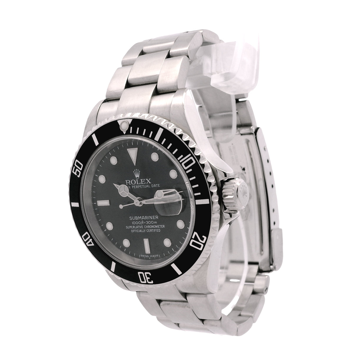 Rolex 16610 Submariner 40mm Black Dial Stainless Steel Watch — macro detail of the dial