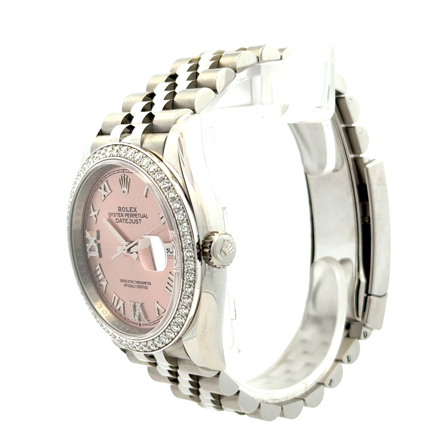 Rolex 126284RBR Datejust 36mm Pink Diamond Dial Diamond Bezel Jubilee Watch — macro detail of the dial