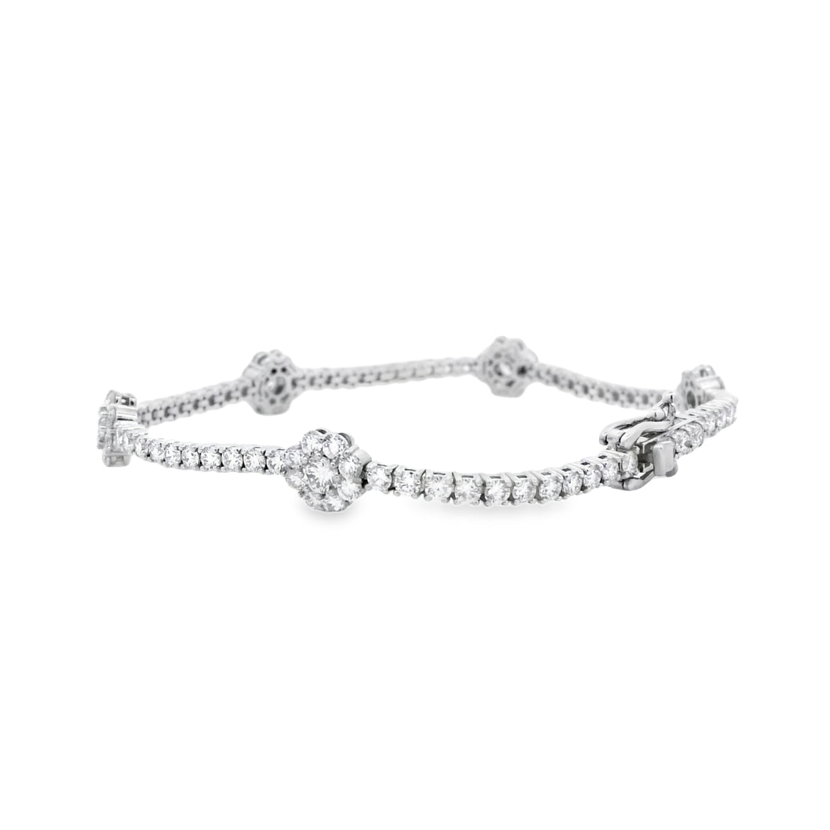 14k White Gold 4.85ctw Round Brilliant Diamond Flower Cluster Tennis Bracelet — macro detail of the clasp