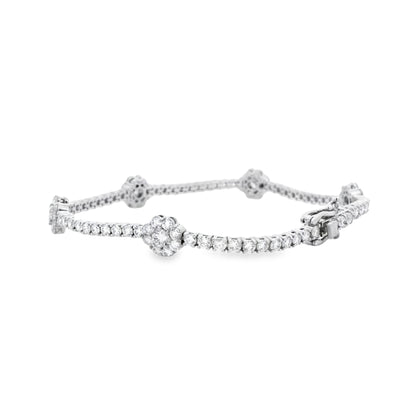 14k White Gold 4.85ctw Round Brilliant Diamond Flower Cluster Tennis Bracelet — macro detail of the clasp