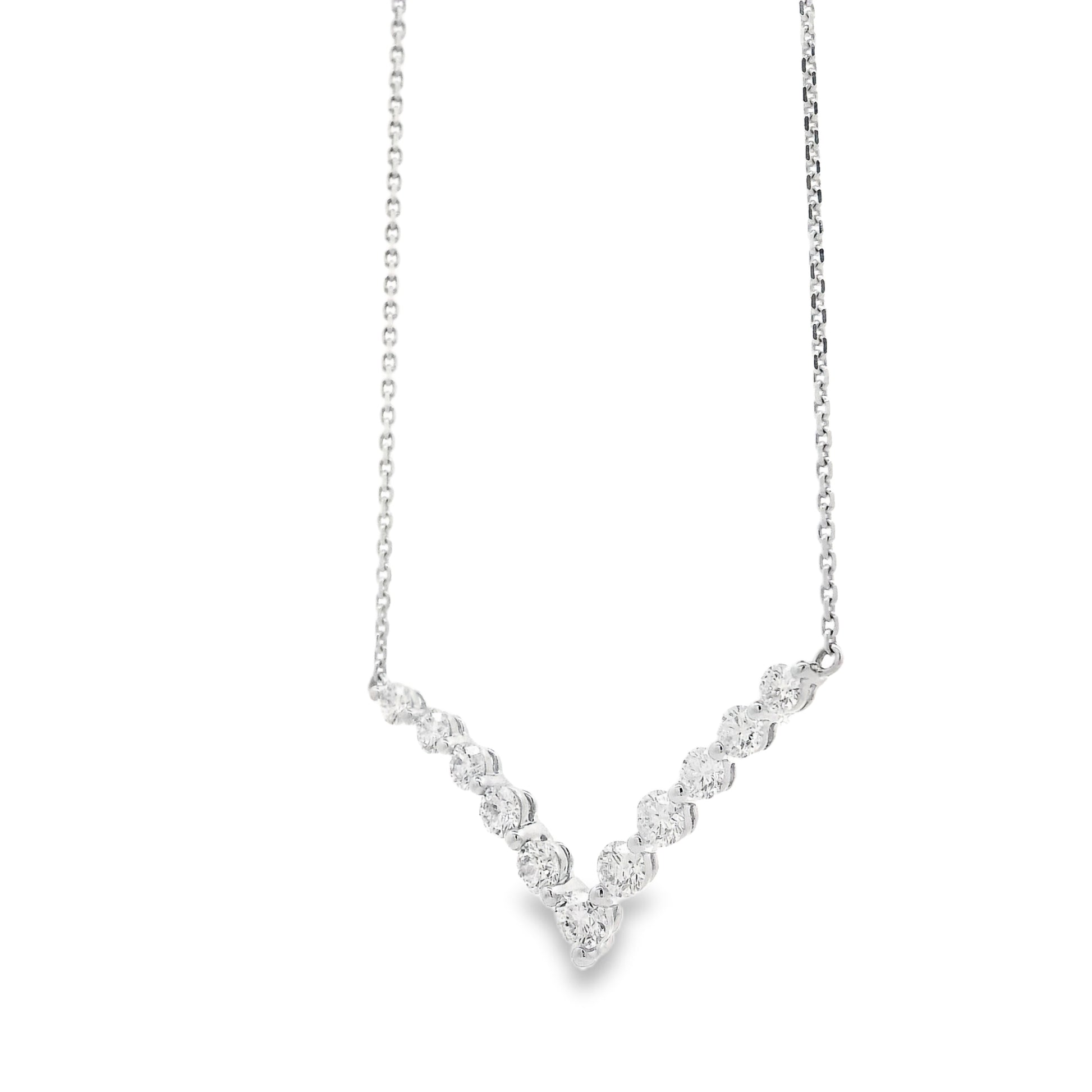 18k White Gold 1.32ctw Round Brilliant Diamond V-Shaped Necklace — macro detail of the centerpiece