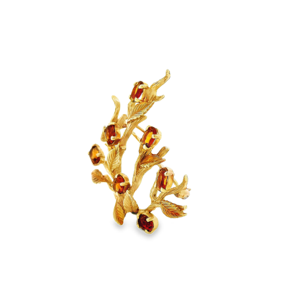 14k Yellow Gold Vintage Orange Gemstone Branch and Leaves Brooch Pin — macro detail of the stones