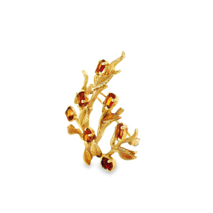 14k Yellow Gold Vintage Orange Gemstone Branch and Leaves Brooch Pin — macro detail of the stones