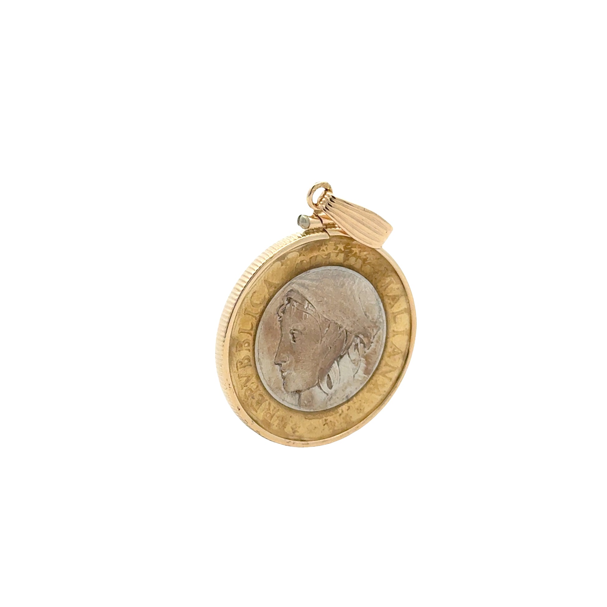 14k Yellow Gold Repubblica Italiana Coin Pendant — macro detail