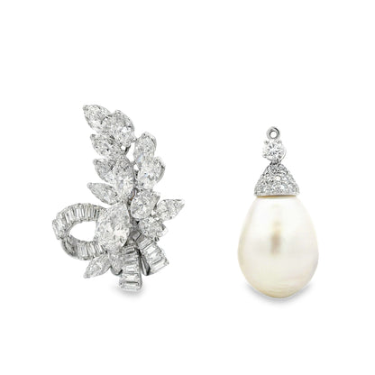 18k White Gold 15ctw Marquise Pear and Baguette Diamond Natural Drop Pearl Clip-On Earrings — macro detail of the stone
