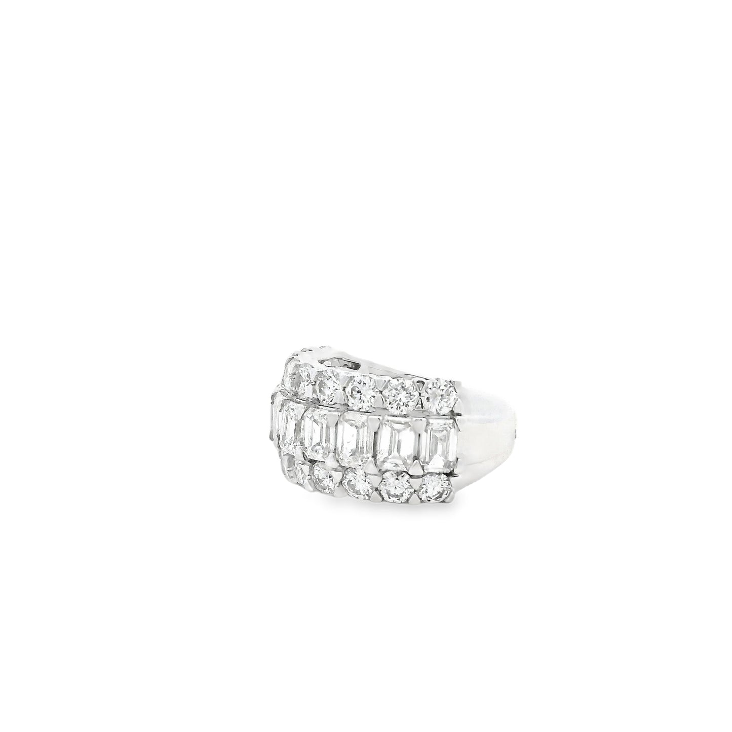 14k White Gold 5.09ctw Round and Baguette Cut Lab-Grown Diamond Three-Row Fashion Band — macro detail of the stones