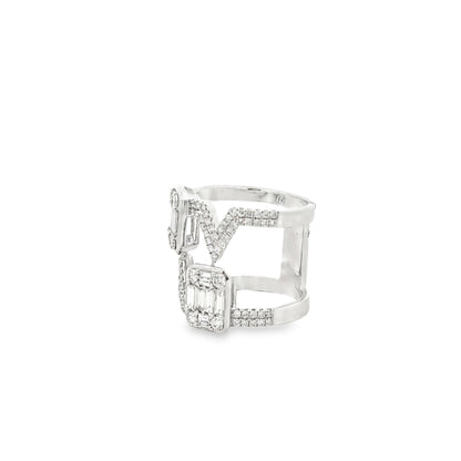 18k White Gold 1.72ctw Round Brilliant and Baguette Openwork Fashion Ring — macro detail of the stones