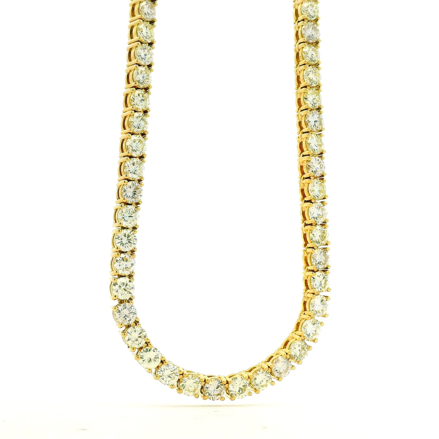 14k Yellow Gold 35.45ctw Round Diamond 4-Prong Tennis Necklace 22" — macro detail of the centerpiece