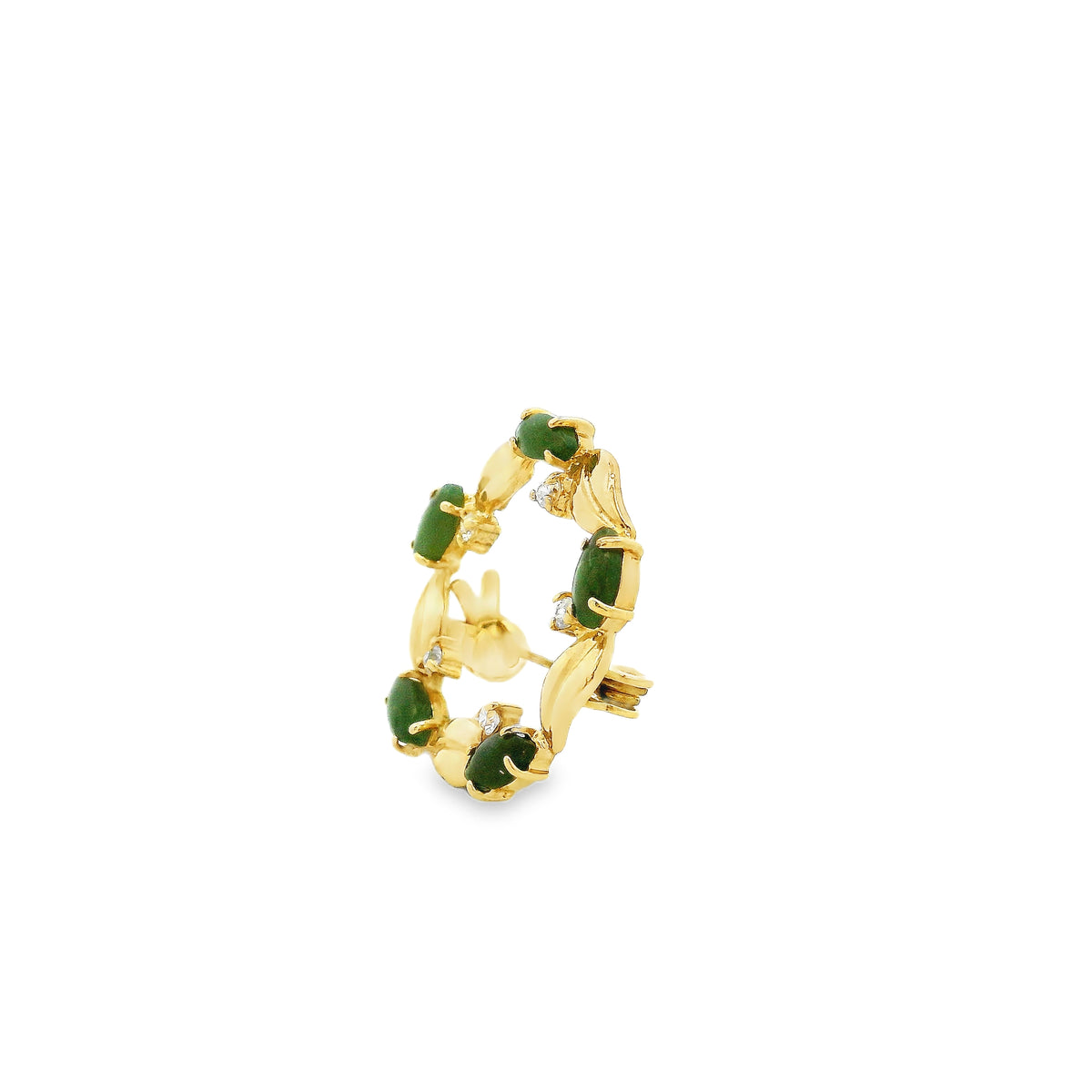 14k Yellow Gold Jade and Diamond Floral Wreath Brooch Pin — macro detail of the stones
