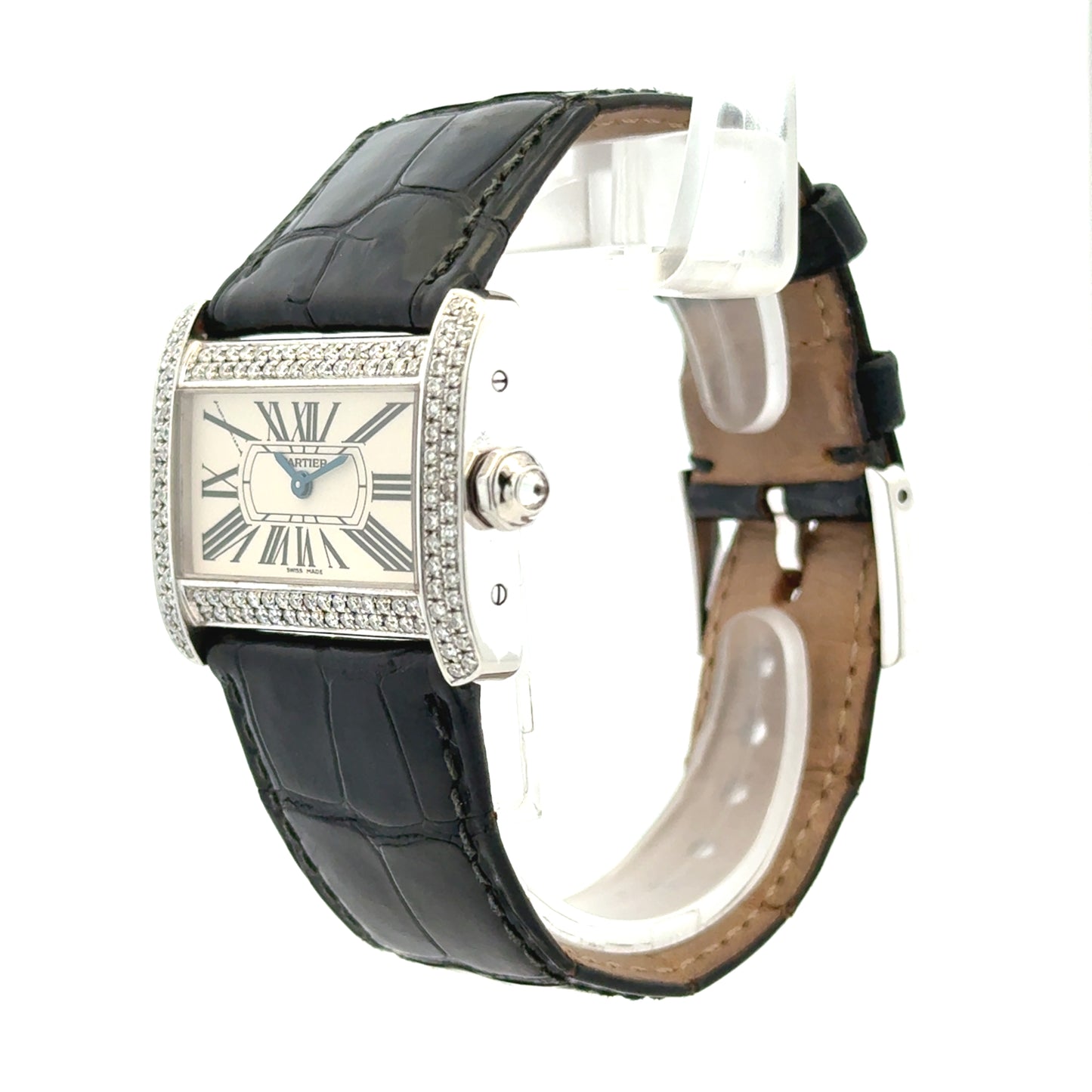 Cartier Tank Divan Mini 32mm Aftermarket Diamond Bezel Stainless Steel Watch — macro detail of the dial