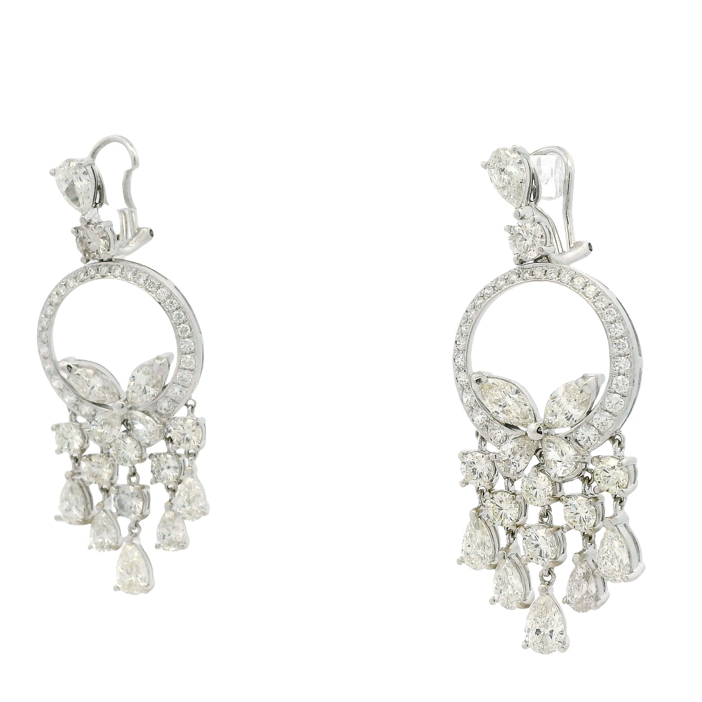 18k White Gold 13.35ctw Marquise, Pear & Round Brilliant Diamond Drop Earrings — macro detail of the stone