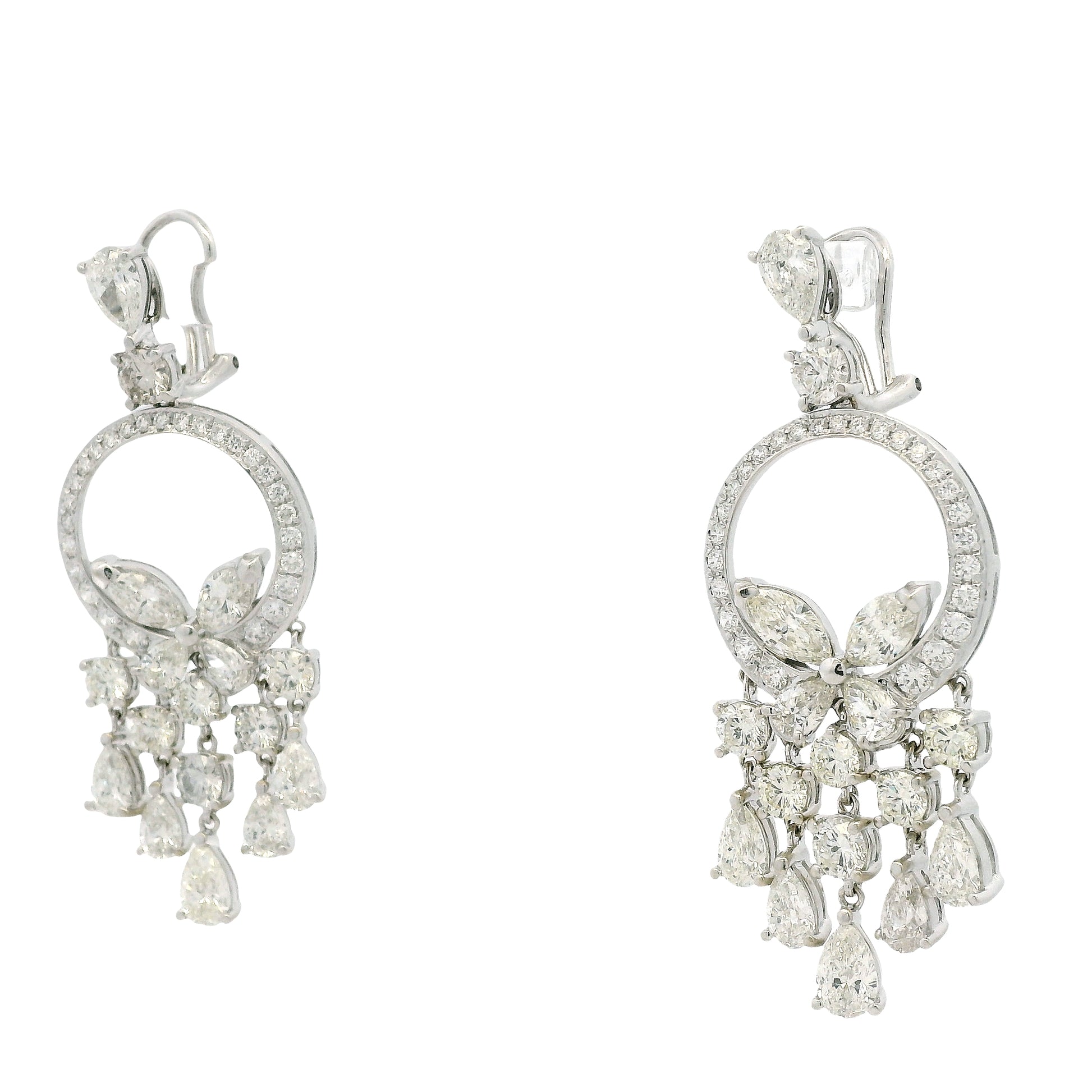 18k White Gold 13.35ctw Marquise, Pear & Round Brilliant Diamond Drop Earrings — macro detail of the stone