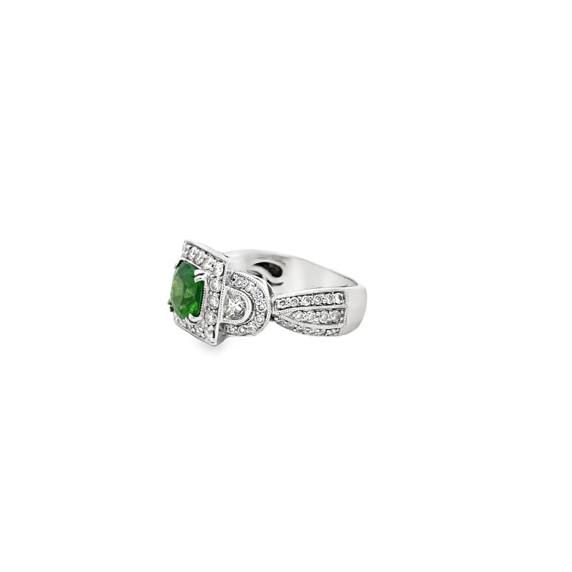 18k White Gold Green Gemstone Square Diamond Halo Cocktail Ring — macro detail of the stones
